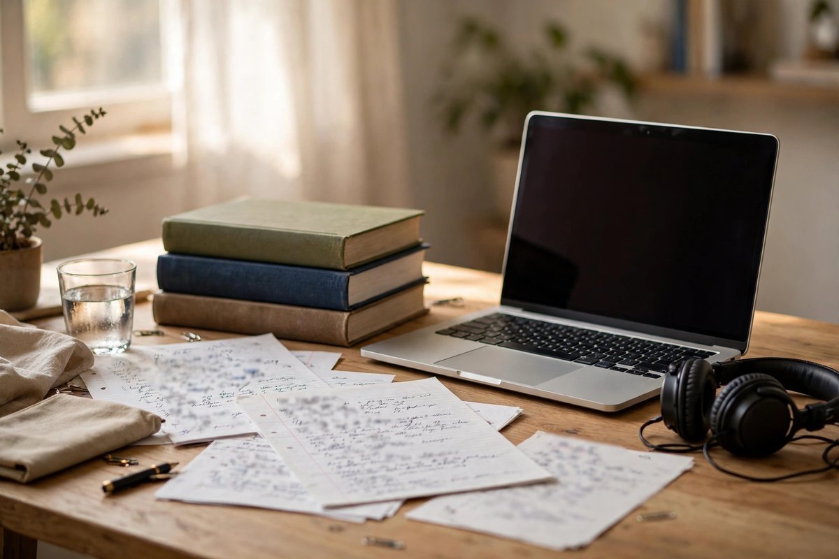 A tidy study desk with textbooks, lesson notes and a laptop for tutoring