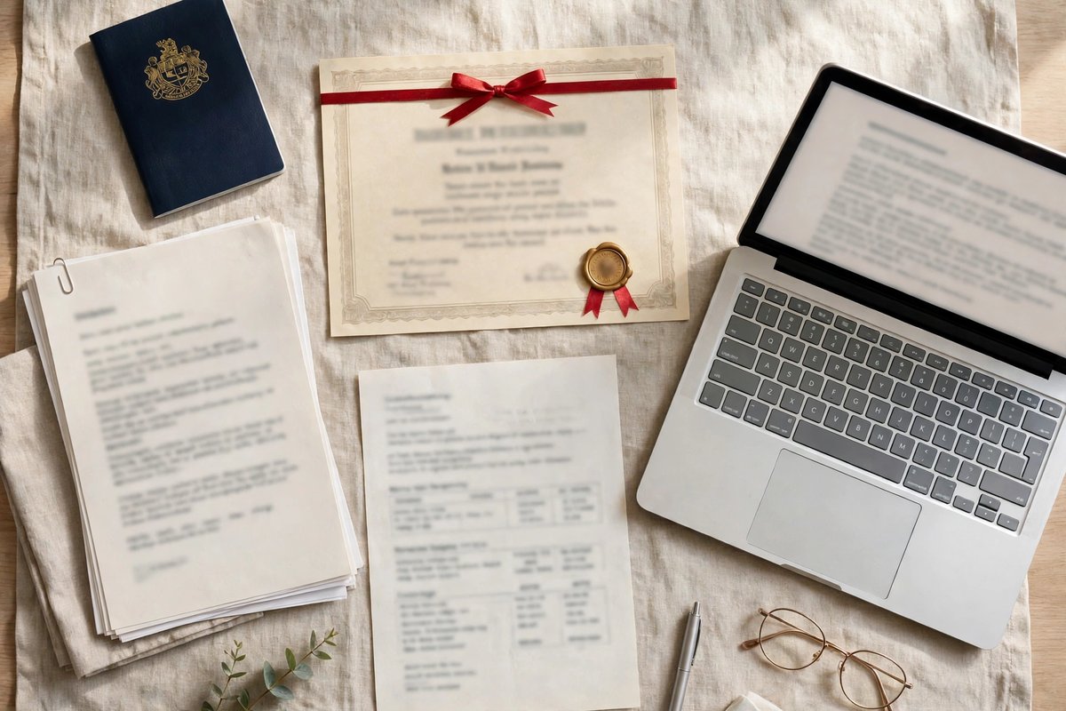Desk with passport, diploma, CV and transcripts for a scholarship application