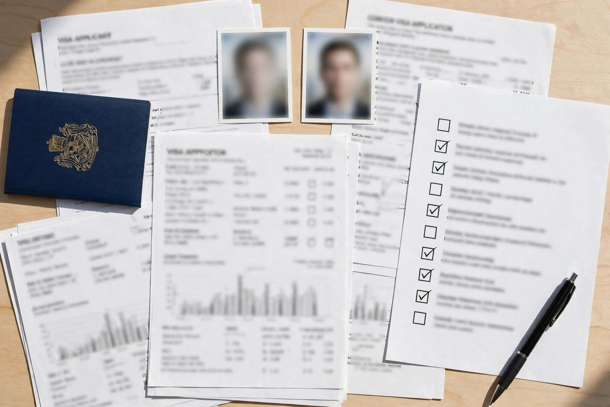 UK visitor visa documents checklist with passport, bank statements and photos on a desk