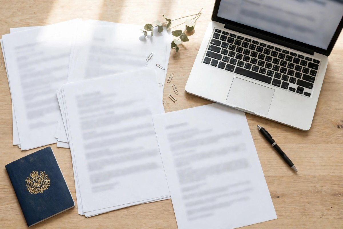 Desk with application documents, passport and laptop for a DAAD EPOS application
