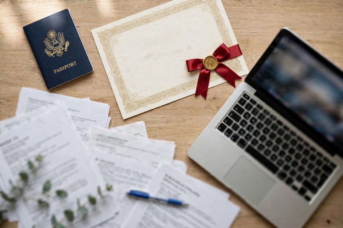 Desk with passport, degree certificates, and a laptop for a scholarship application
