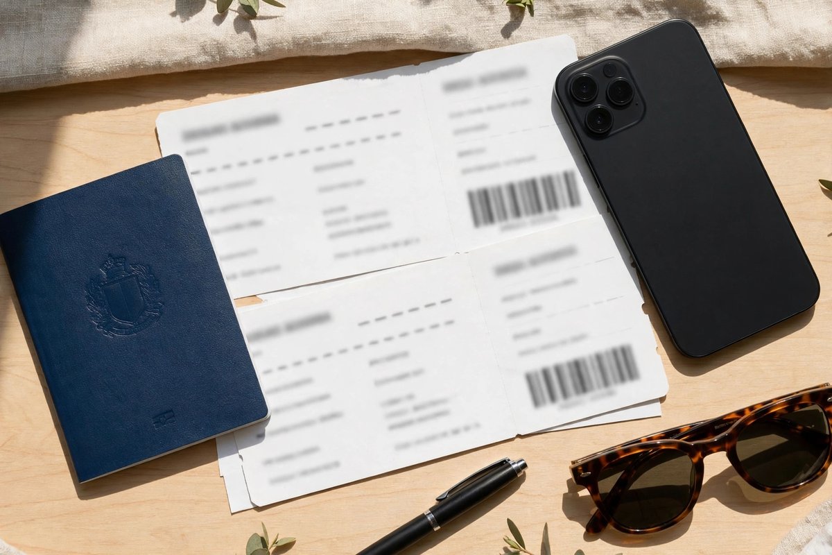 Passport and blurred boarding passes on a desk, ready for a Dubai trip