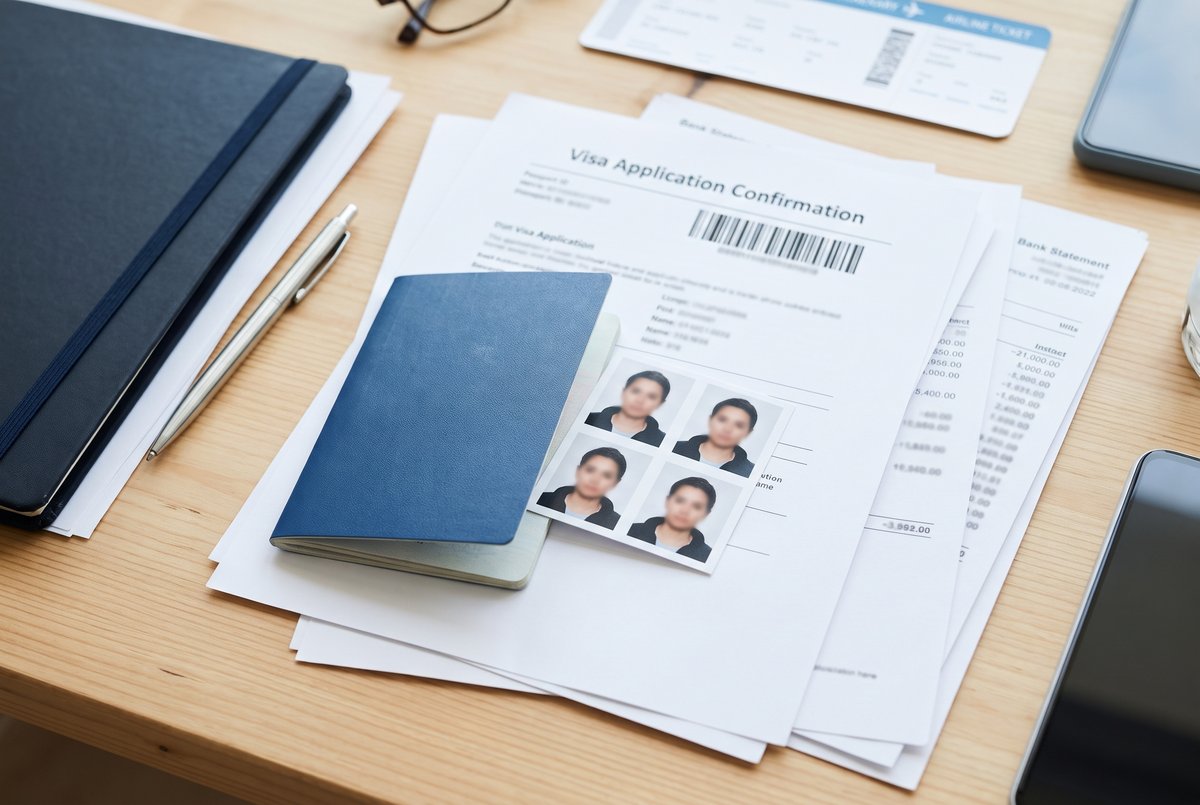 Folder of documents needed for a USA tourist visa interview on a desk