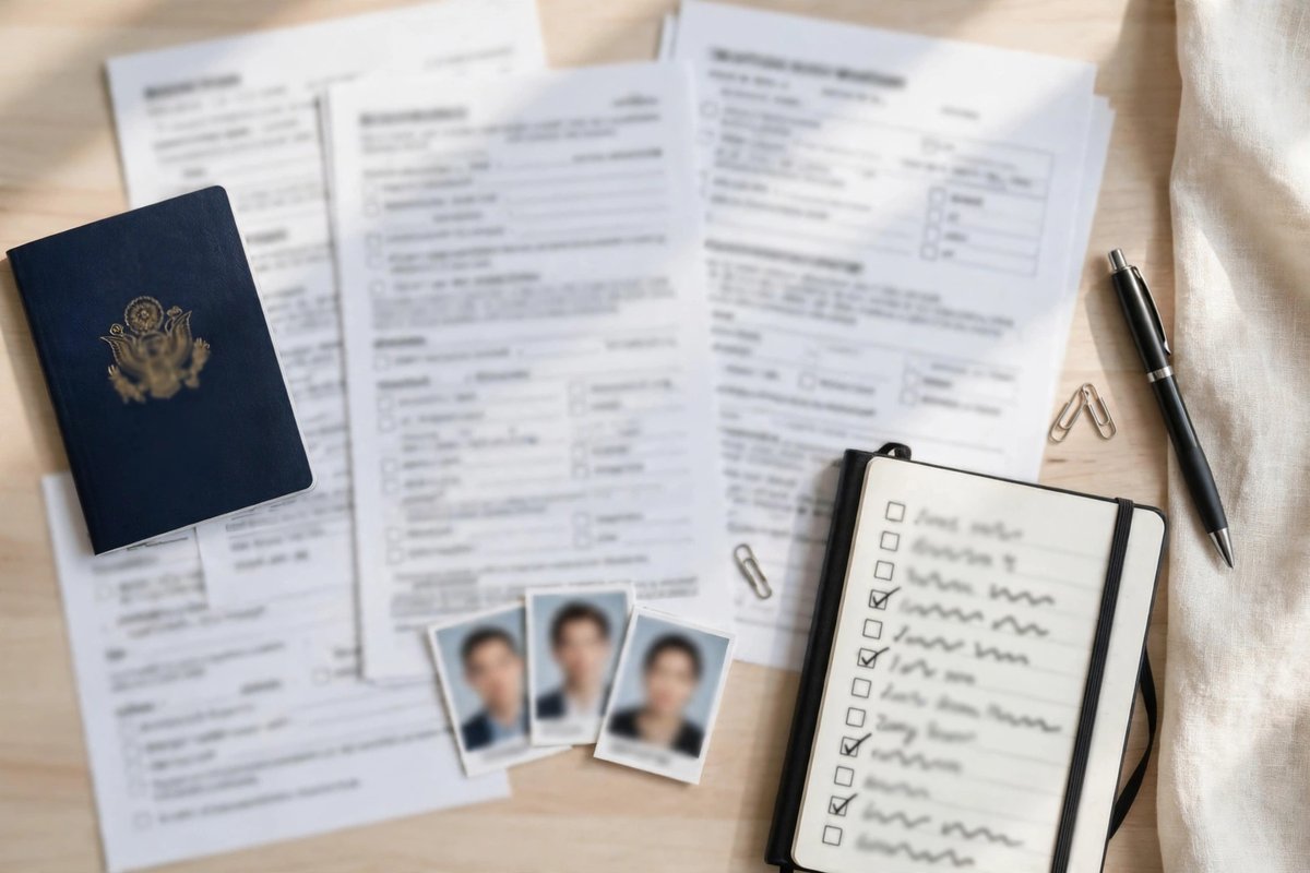 Passport, application forms and passport photos prepared for a visa application