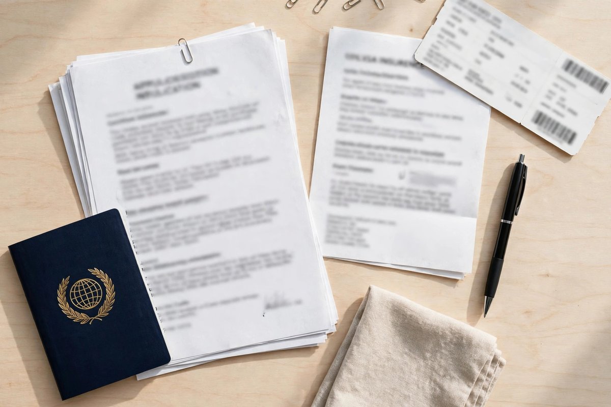 Travel documents and insurance papers for a Schengen visa application on a desk