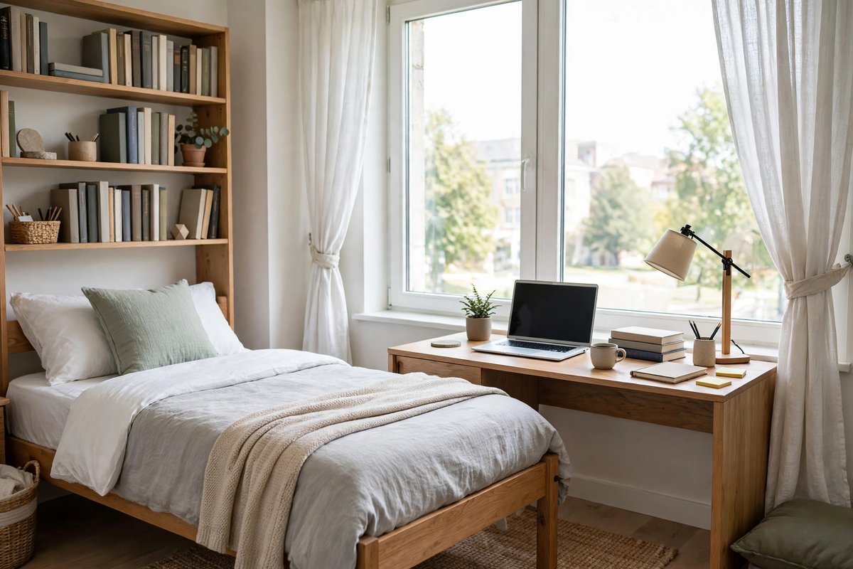 Clean student dormitory room with a bed, desk, and window in Hungary