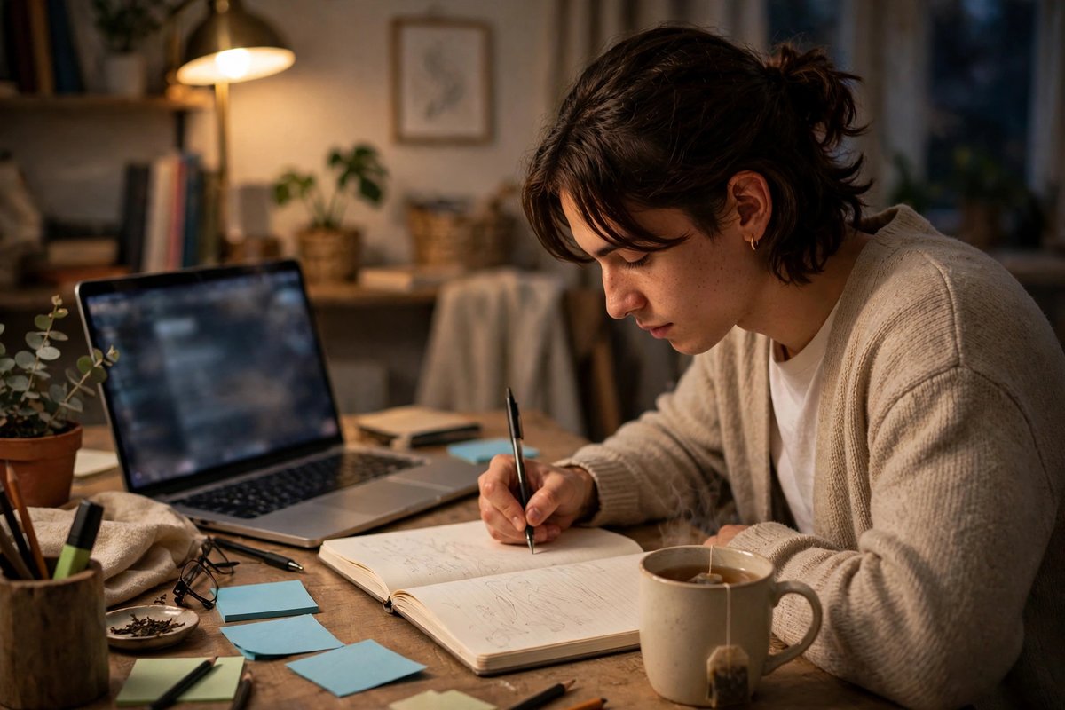Student writing Chevening application essays at a desk at home