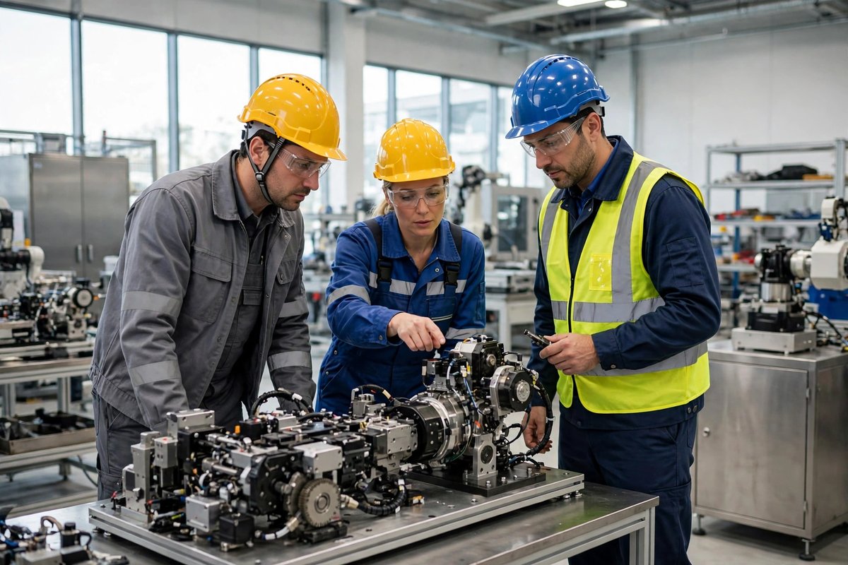 Engineers and a technician examining machinery in a modern German factory