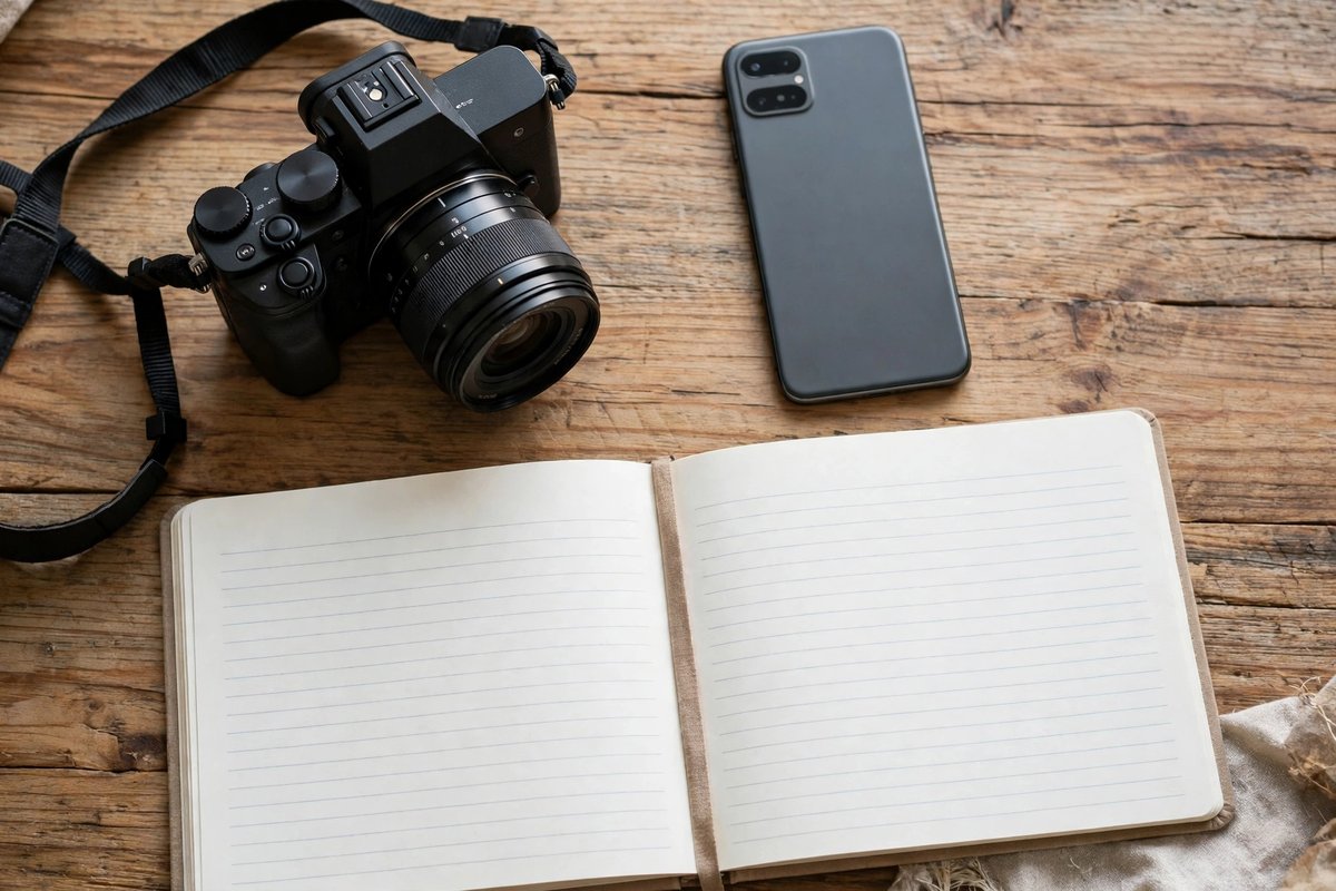Flat lay of a camera, smartphone and notebook with a keyword list for stock photo planning