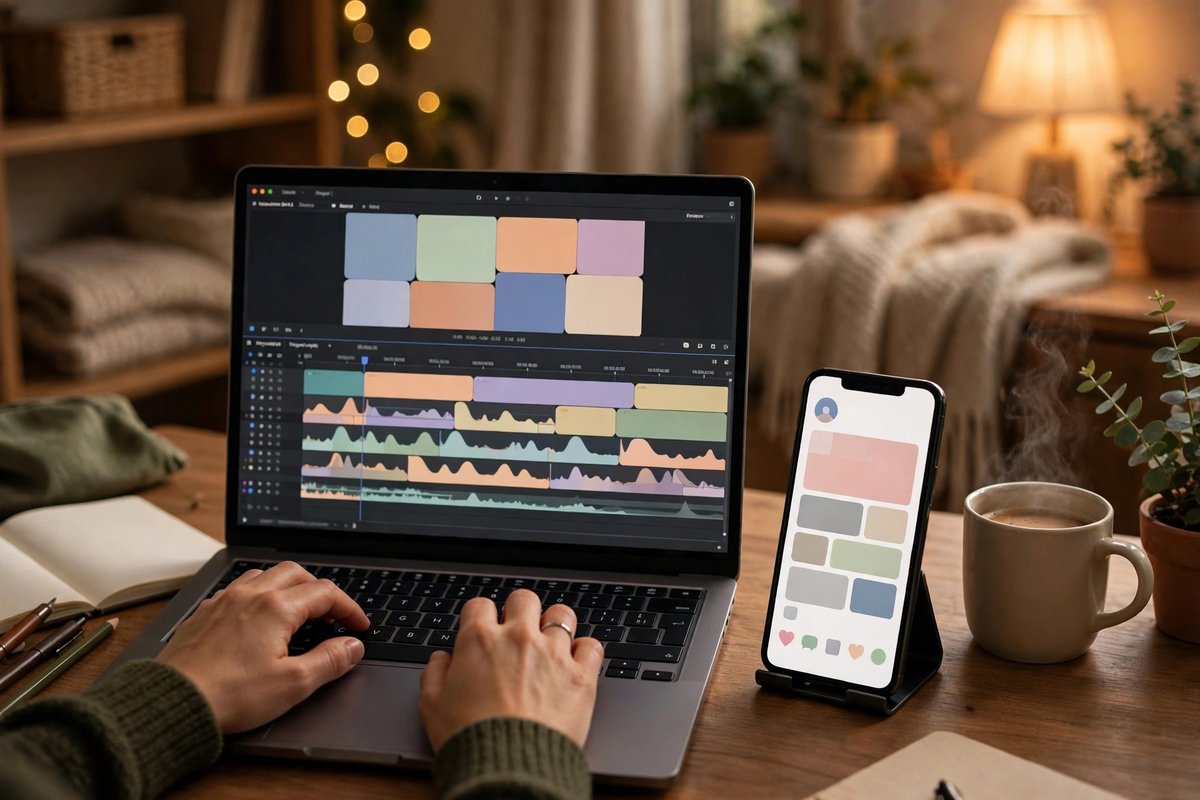 Freelancer editing a video on a laptop while managing a social media page on a phone
