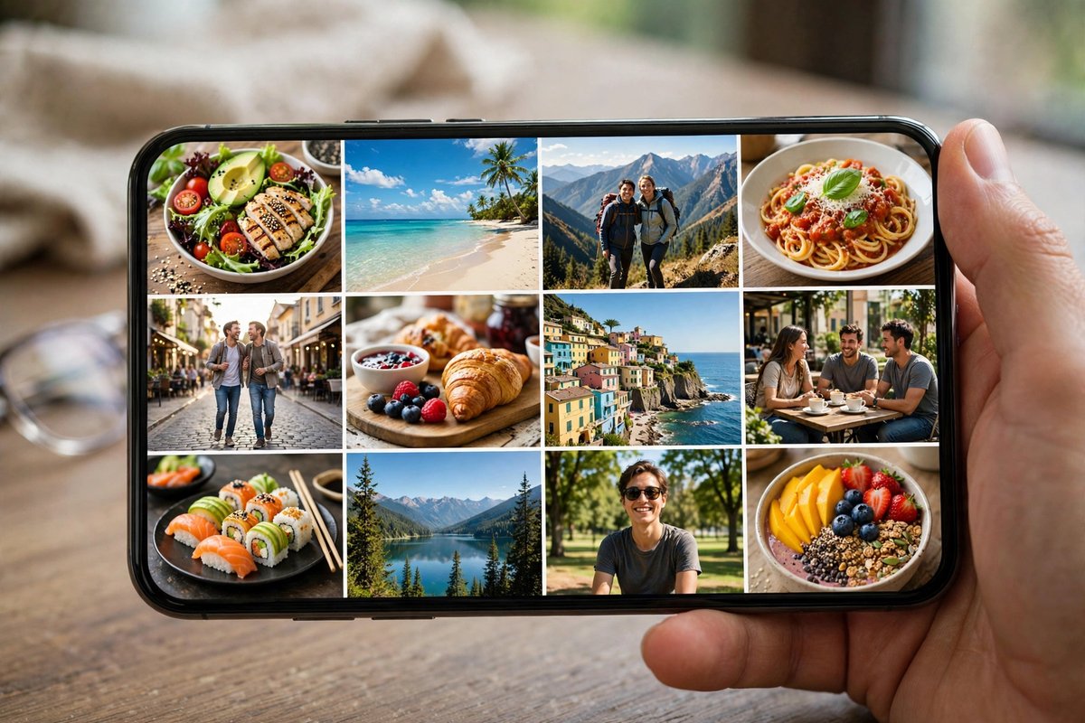 Phone screen showing a camera roll grid of bright everyday photos ready for stock upload