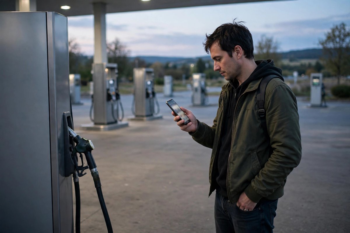 Person checking a cashback offer on a phone at a gas station