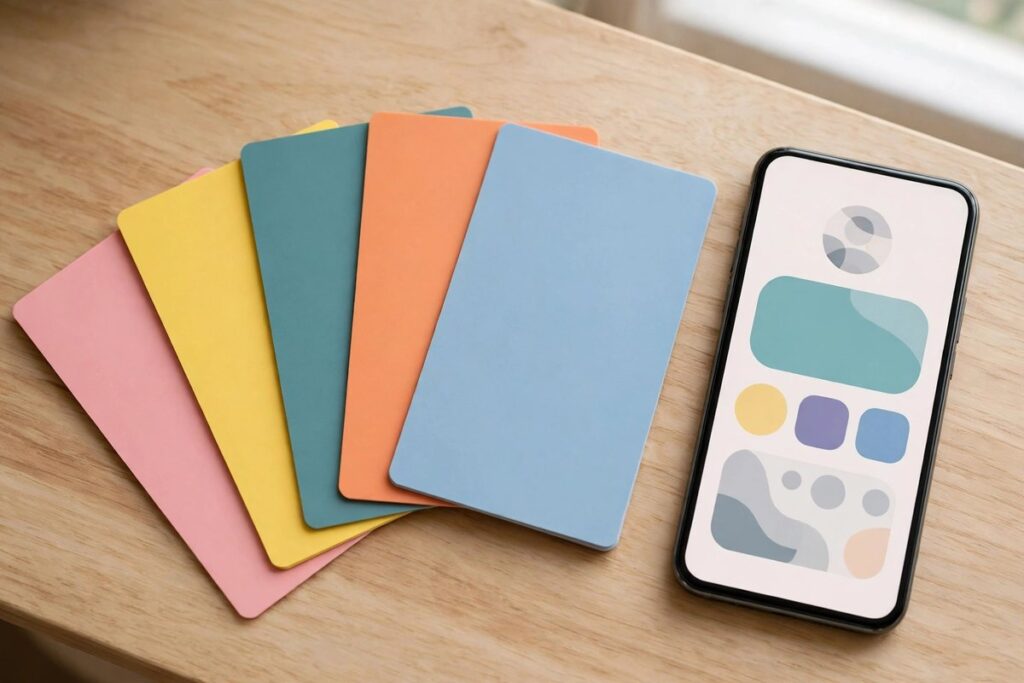 Gift cards and a phone showing a payment wallet on a wooden desk