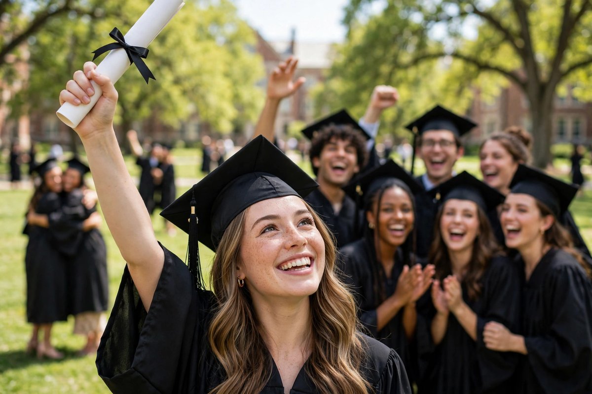 Happy graduate in cap and gown celebrating outdoors at a U.S. university