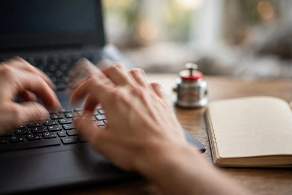 Close-up of hands typing fast on a laptop keyboard with a desk timer
