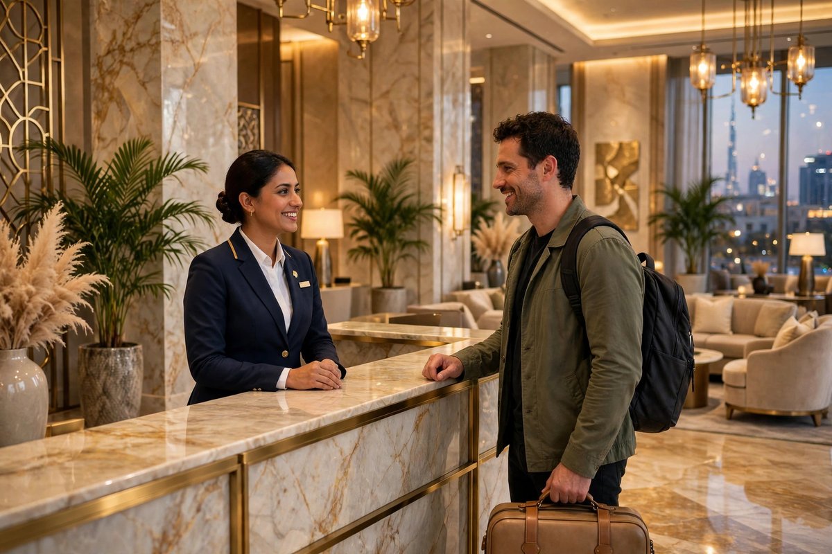Hotel reception staff welcoming guests at a modern Dubai hotel front desk