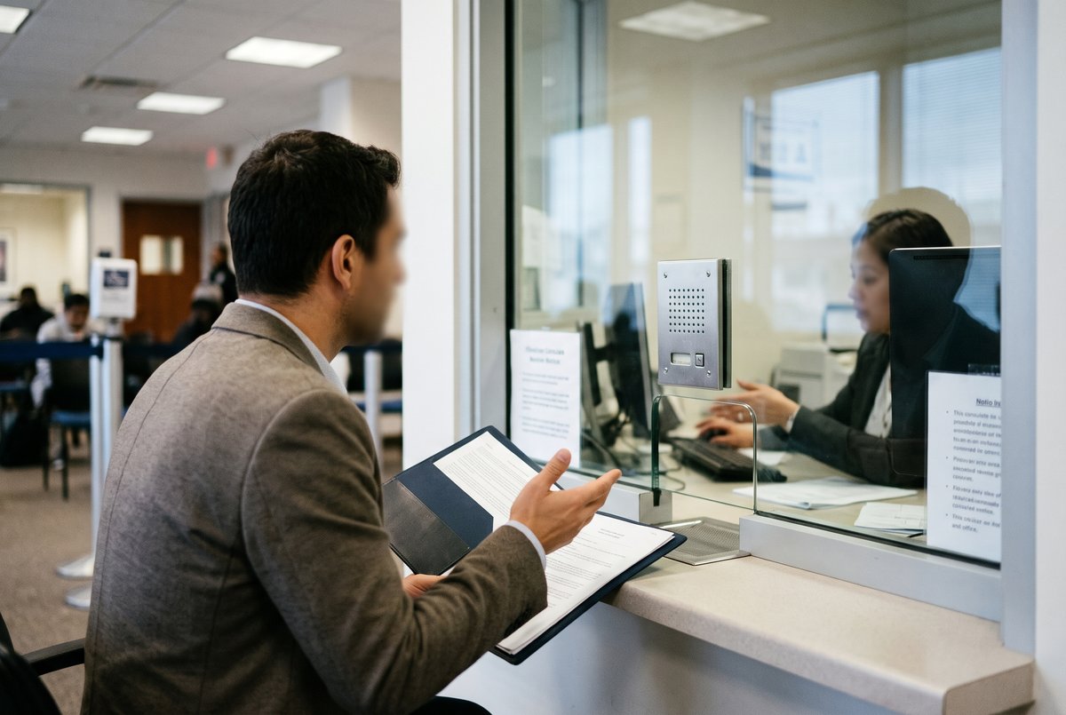 Applicant answering questions at a US visa interview window