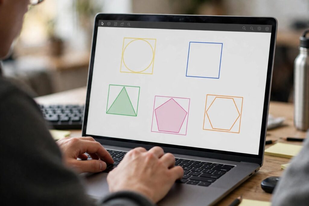 Laptop screen showing image labelling micro tasks with shapes and boxes