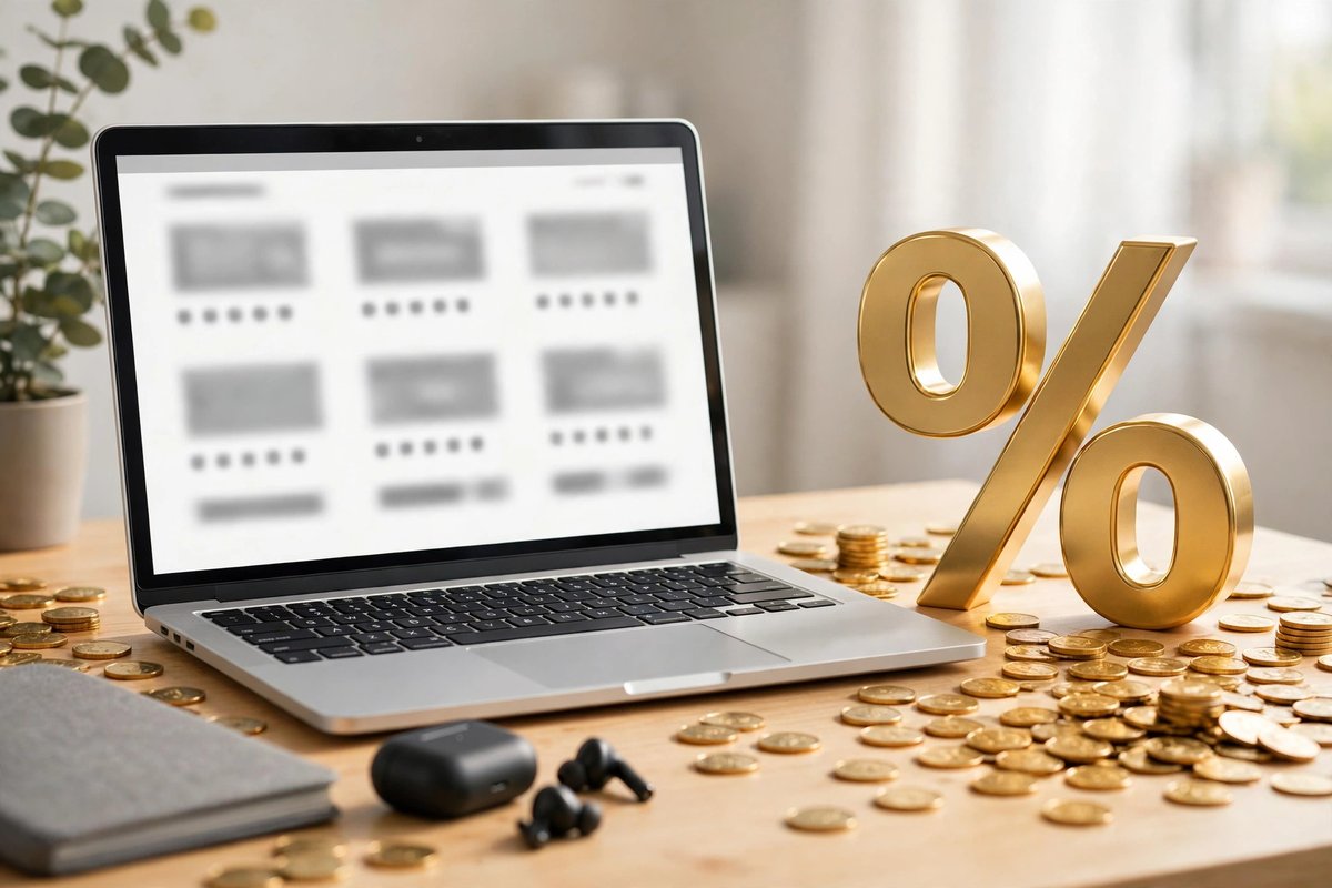 Online shopping on a laptop with coins and a percent symbol for cash back