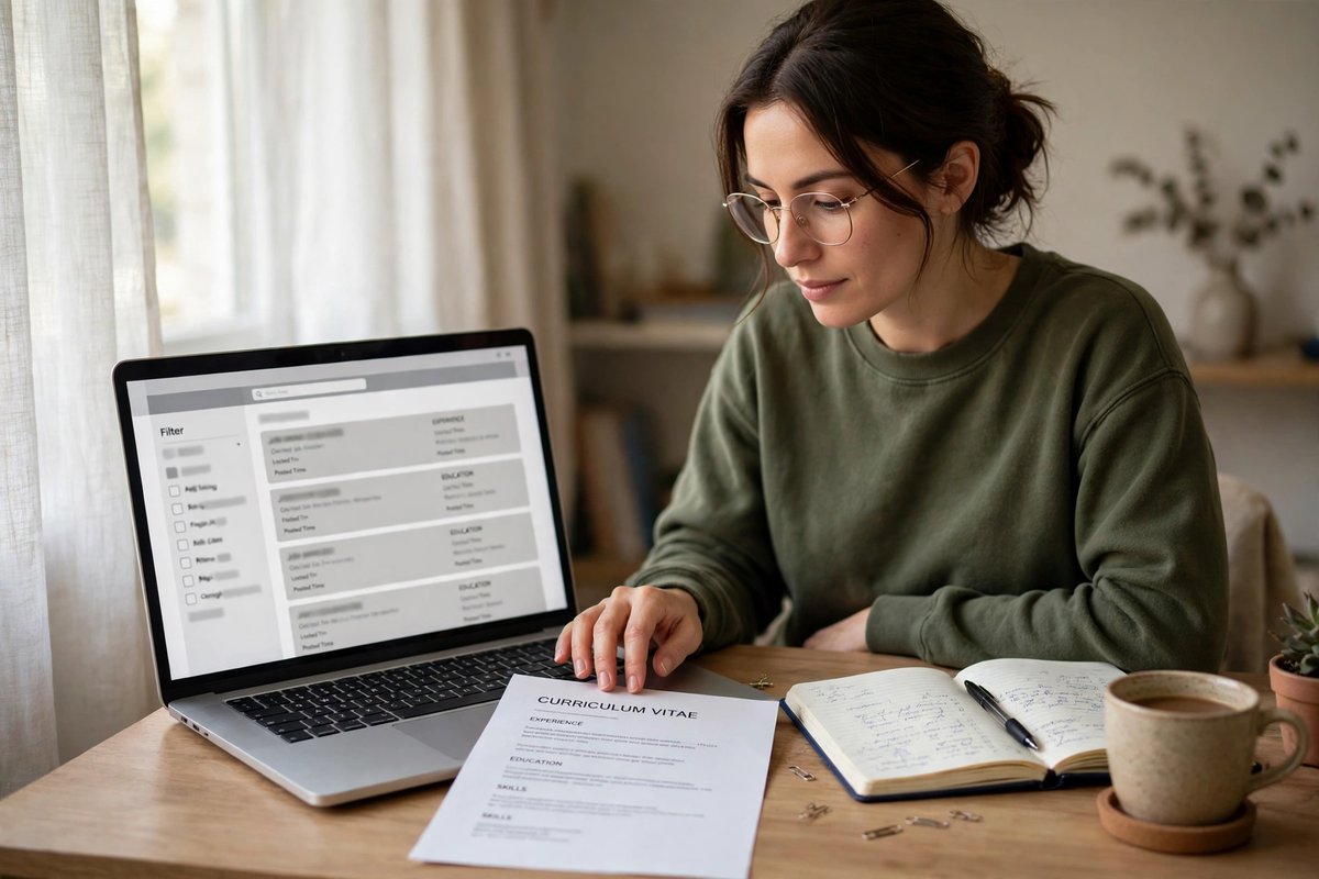 Person applying for jobs in Dubai on a laptop at home with a CV beside the keyboard