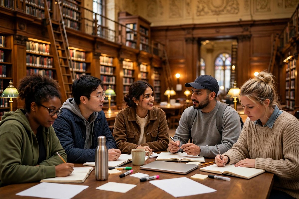Students studying together in a large American university library
