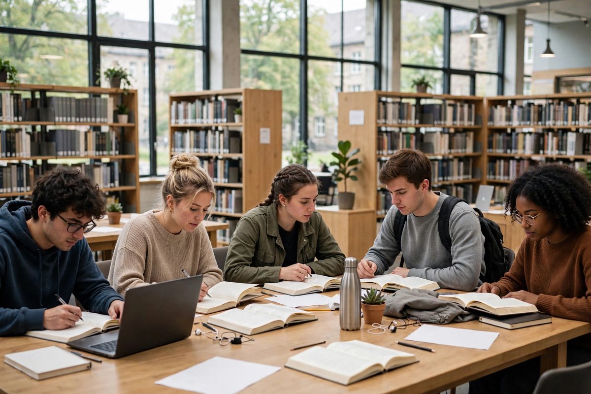 Students studying together in a German university library