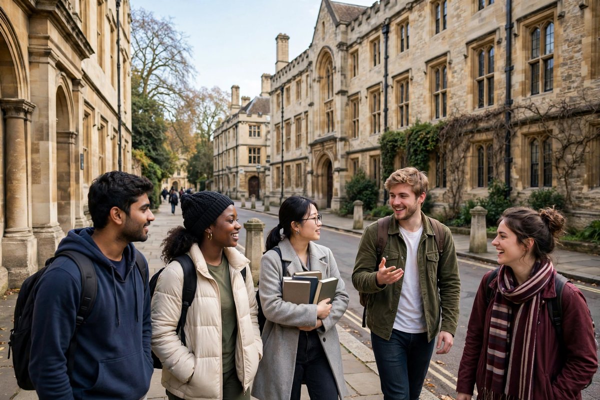 Diverse students walking on a London street near a UK university campus