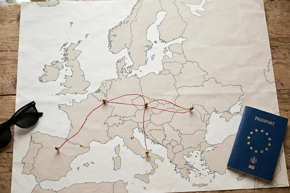 Map of Europe with a travel route marked between famous cities
