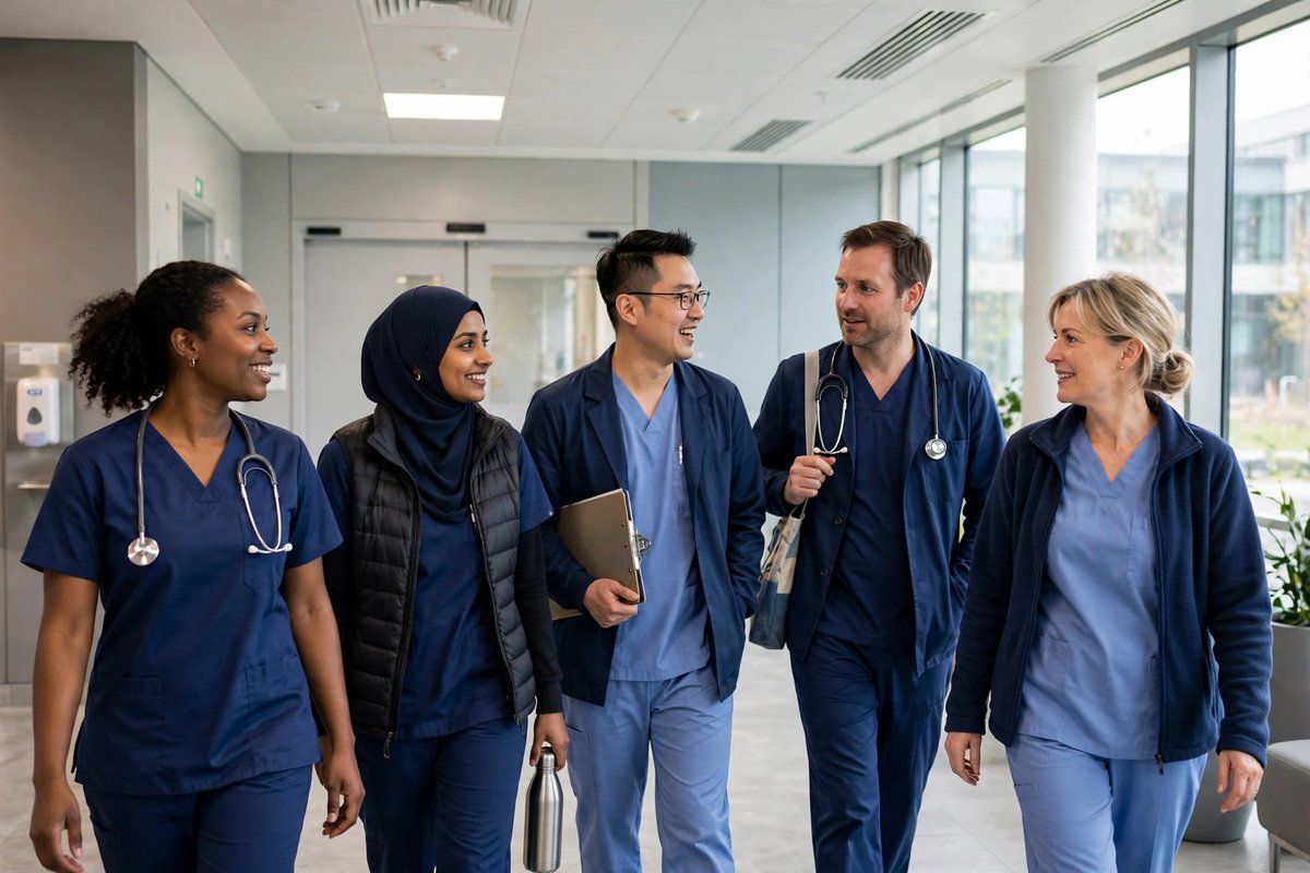 NHS healthcare team walking through a hospital corridor in the UK