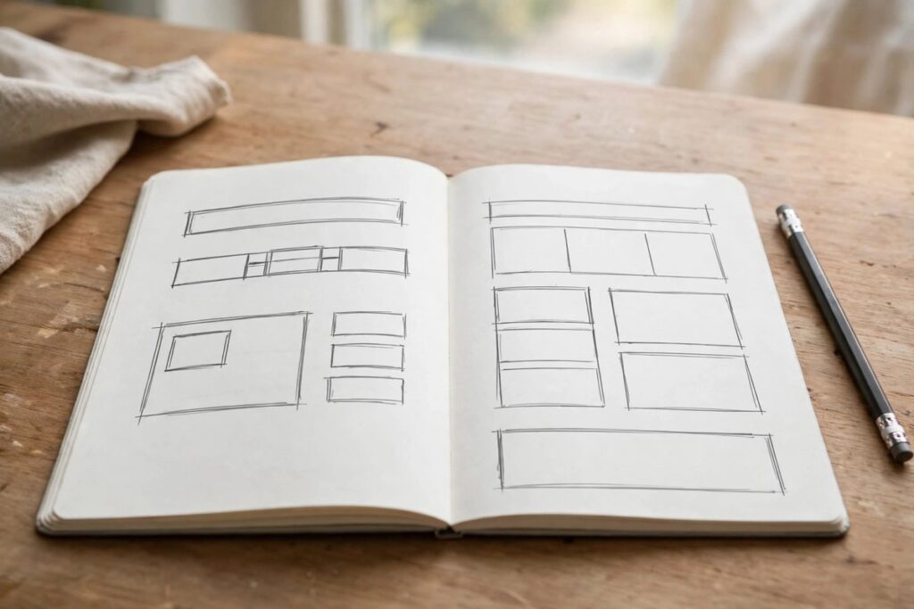 Notebook with honest feedback notes and simple sketches