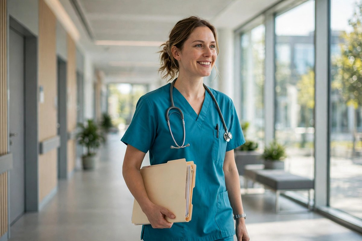 Nurse holding a patient folder in a bright German hospital corridor