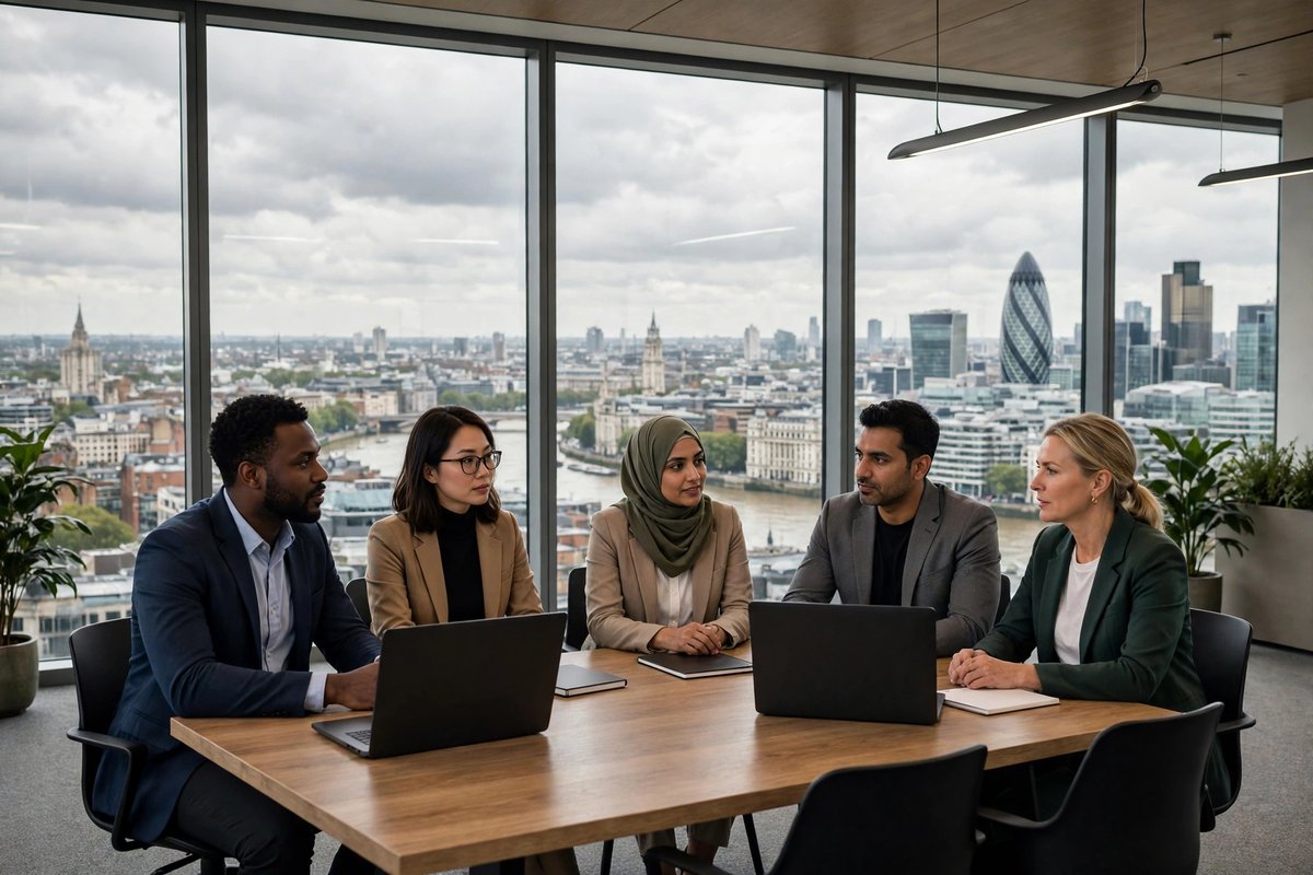 Diverse team in a modern London office meeting