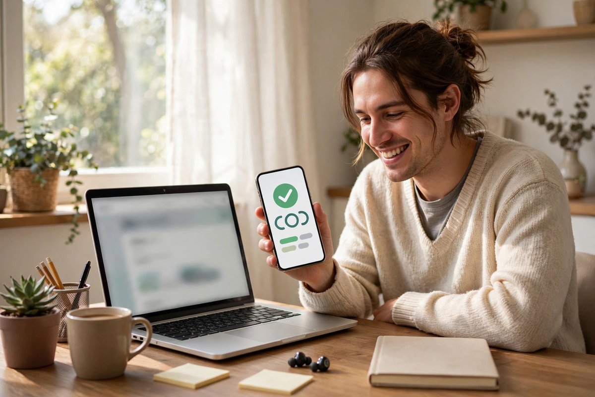 Happy freelancer checking a first payment notification on a phone