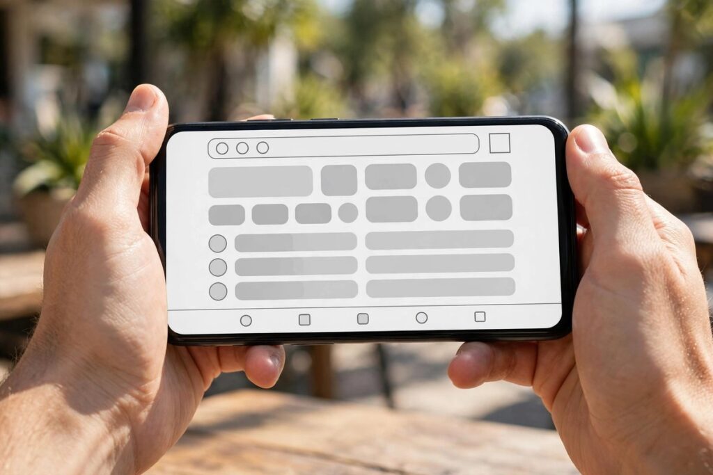 Hands holding a smartphone while testing a mobile app