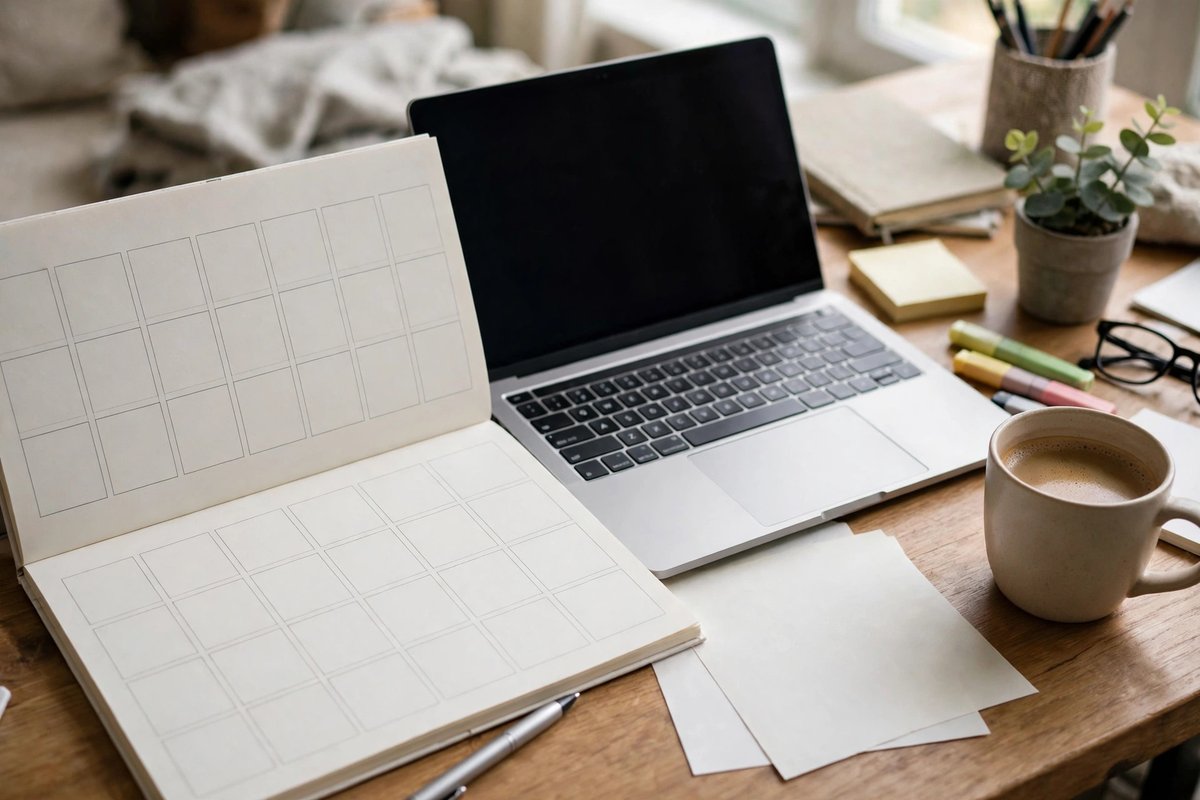 A tutor planning the week's online lessons in a notebook calendar