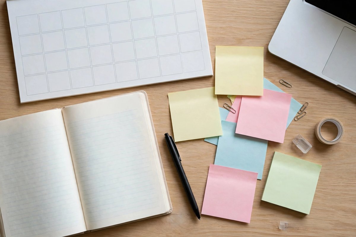 Calendar and notebook with a scholarship preparation plan on a desk