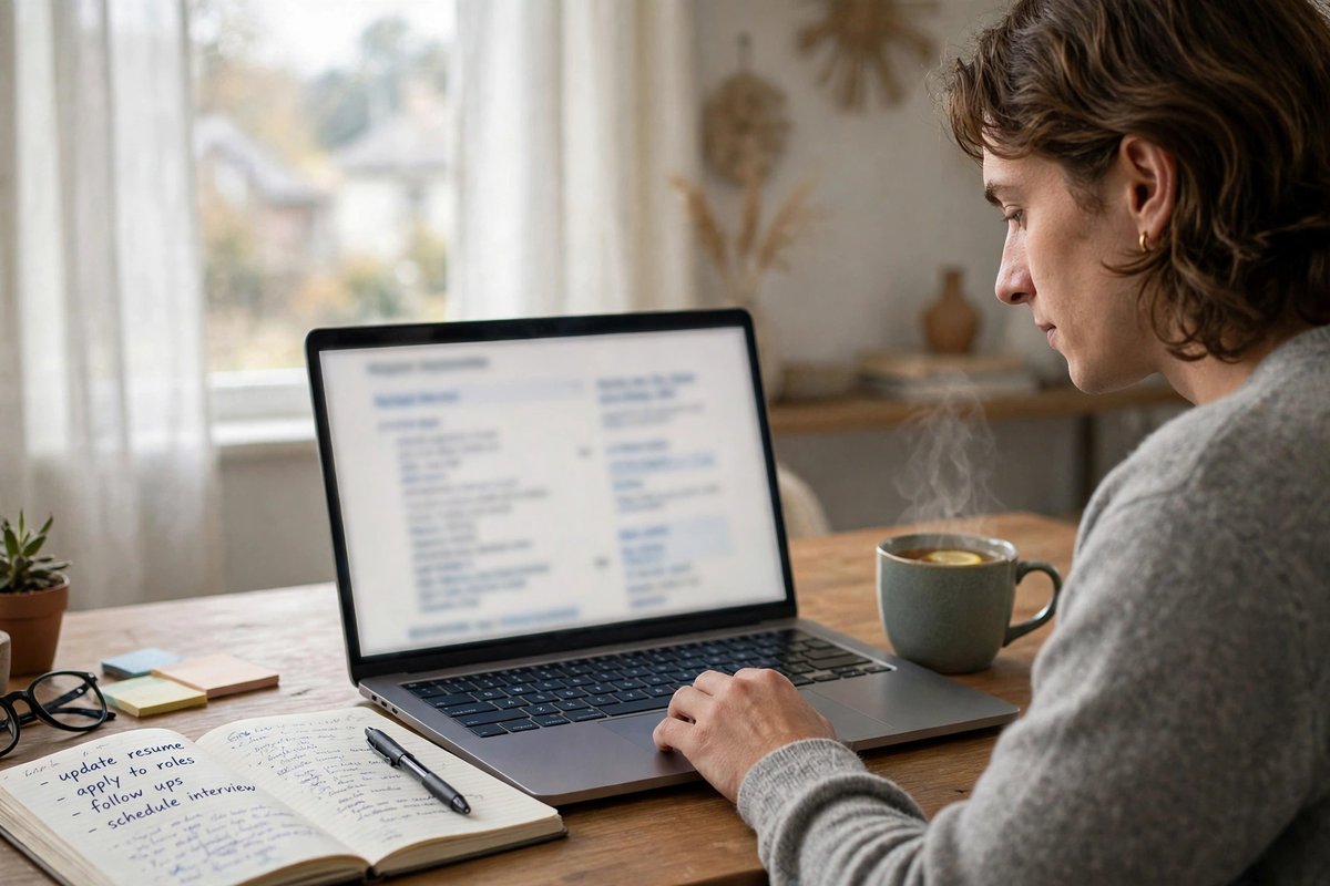 Person searching for sponsored UK jobs on a laptop at home