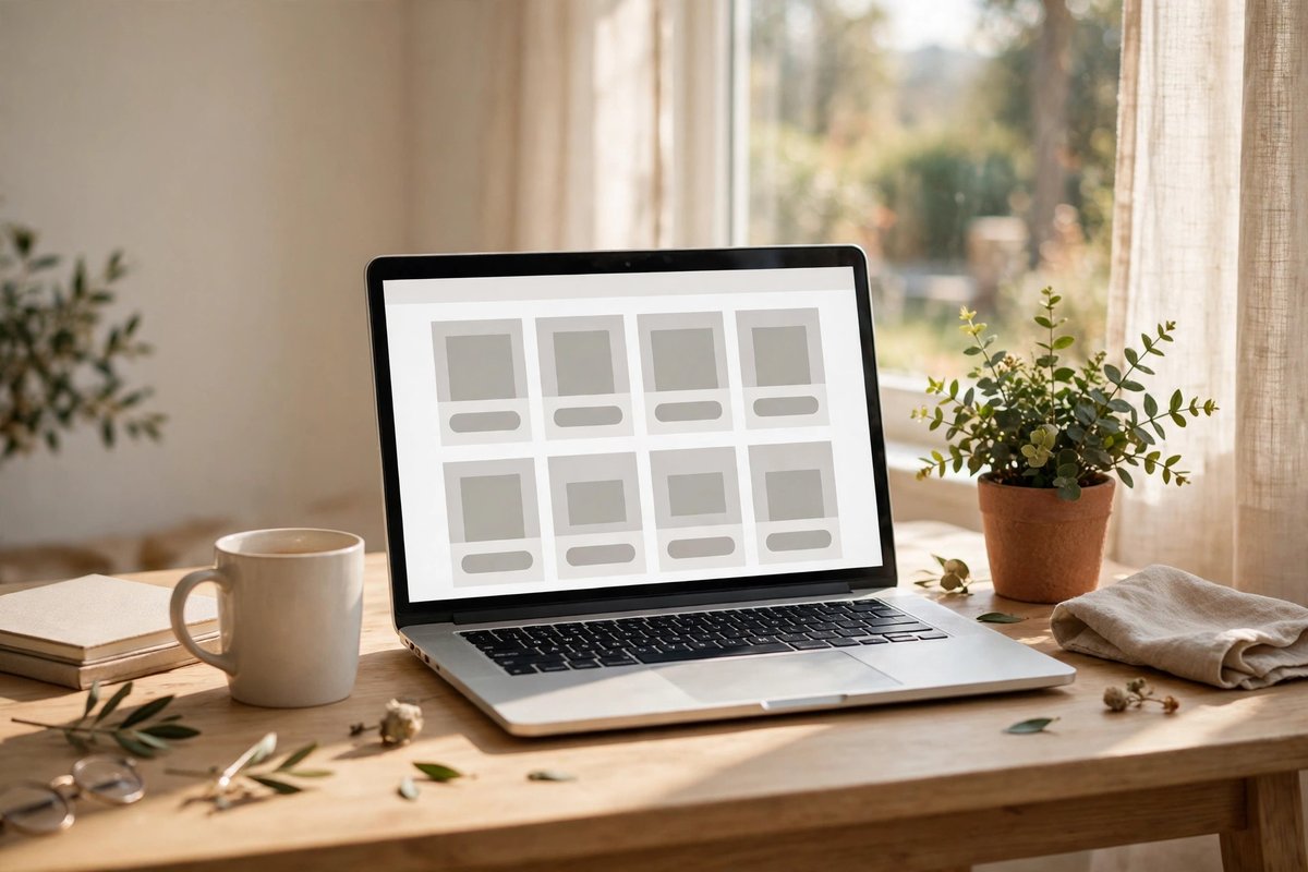 Laptop showing an online shop page with digital products on a home desk
