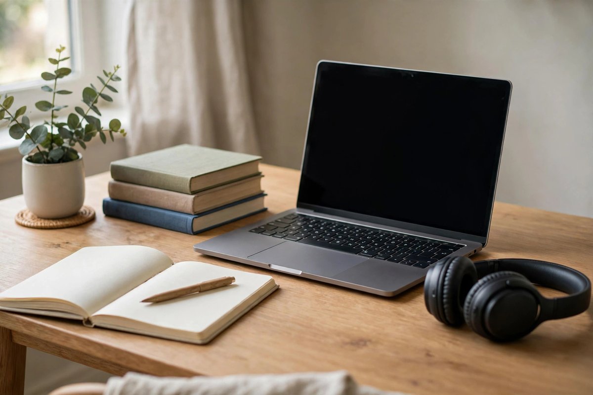 Home workspace with a laptop, notebook, and books for learning a freelance skill