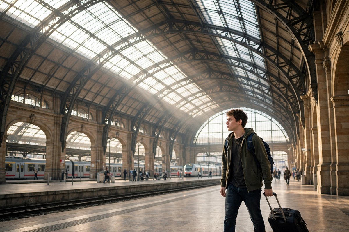 Student with a suitcase arriving at a German train station