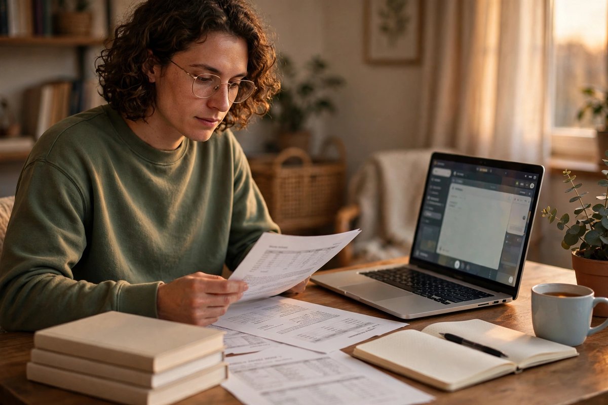 Person reviewing documents and language books at a desk with a laptop