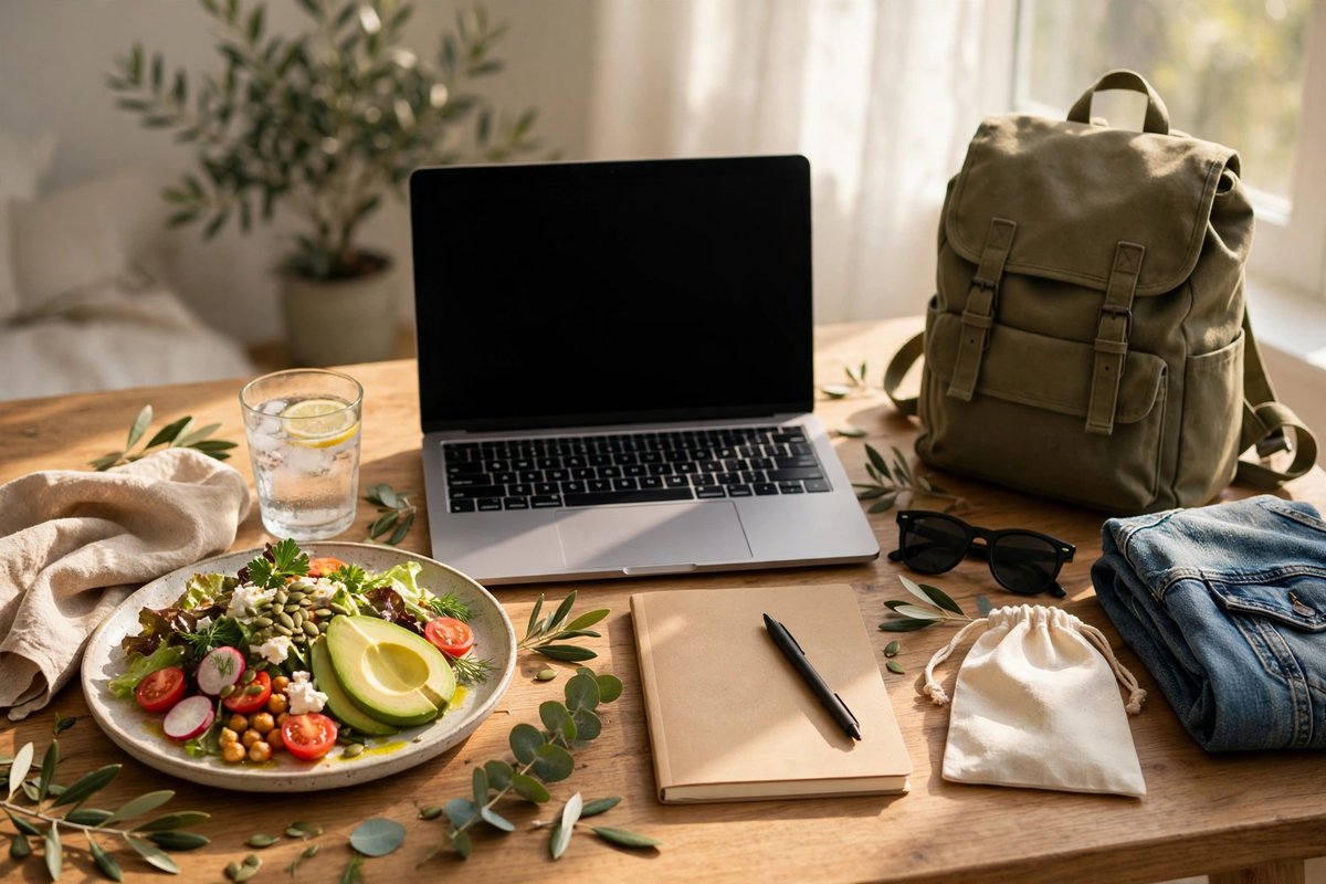 Bright table scene with food, travel items and a laptop workspace, subjects buyers license most