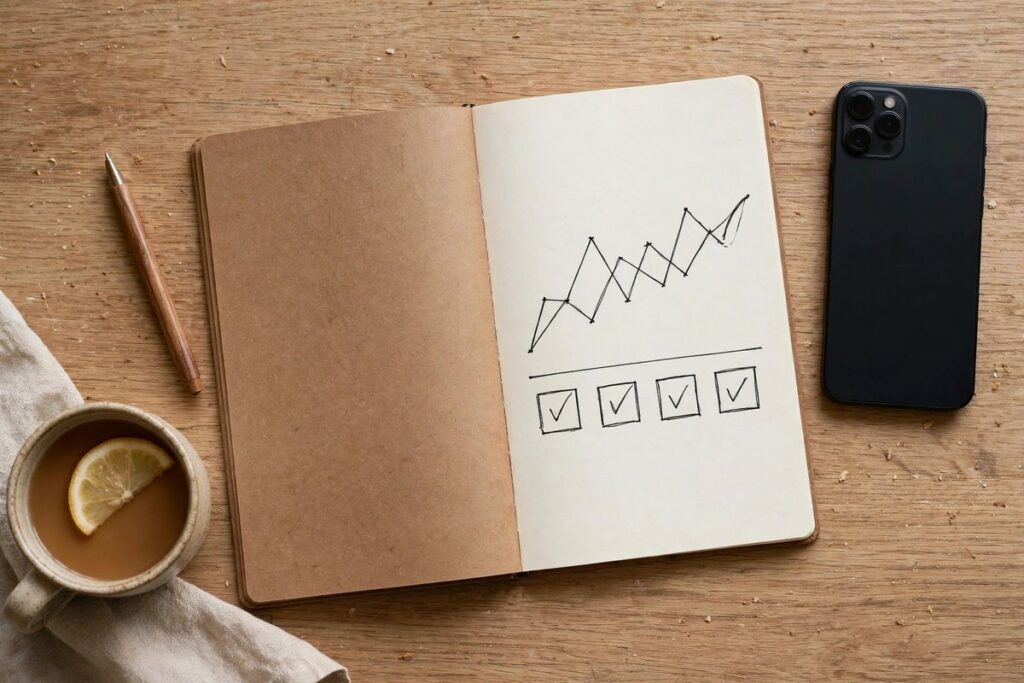 Smartphone and notebook with a simple survey earnings tracker on a coffee table