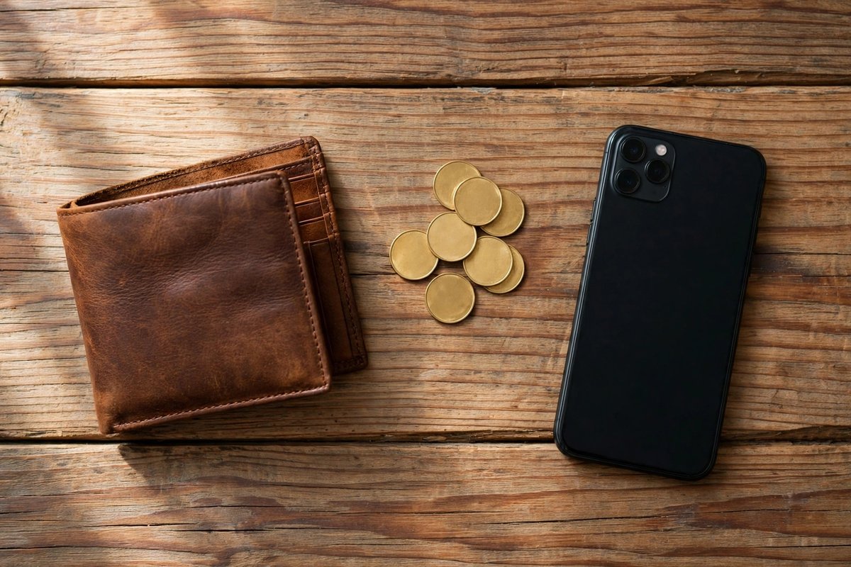 Wallet with coins and a smartphone on a desk, money back from everyday spending