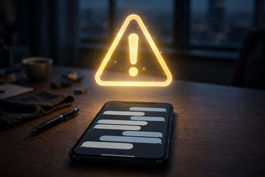 Phone with a warning alert over a chat app — task scam warning