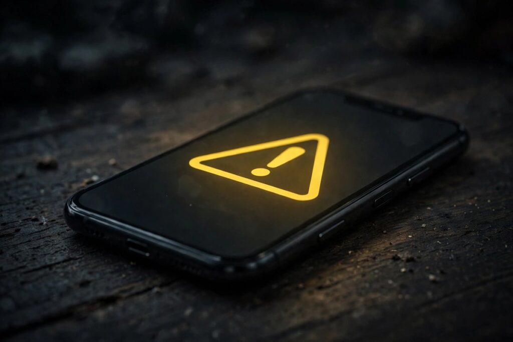 Smartphone showing a warning alert symbol for survey scam awareness