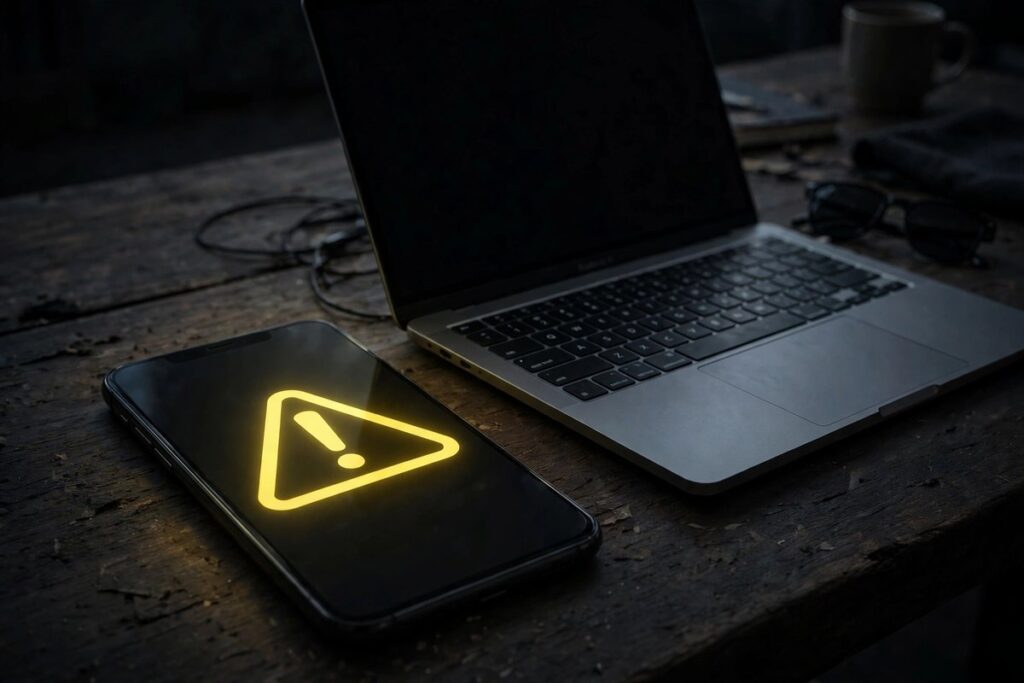 Smartphone showing a warning alert symbol next to a laptop on a desk