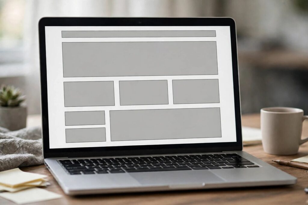 Laptop showing a simple website wireframe during a usability test