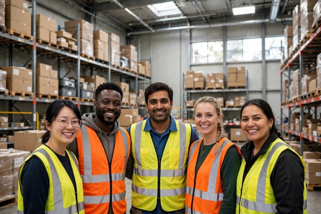 Diverse team of workers in a Canadian warehouse workplace
