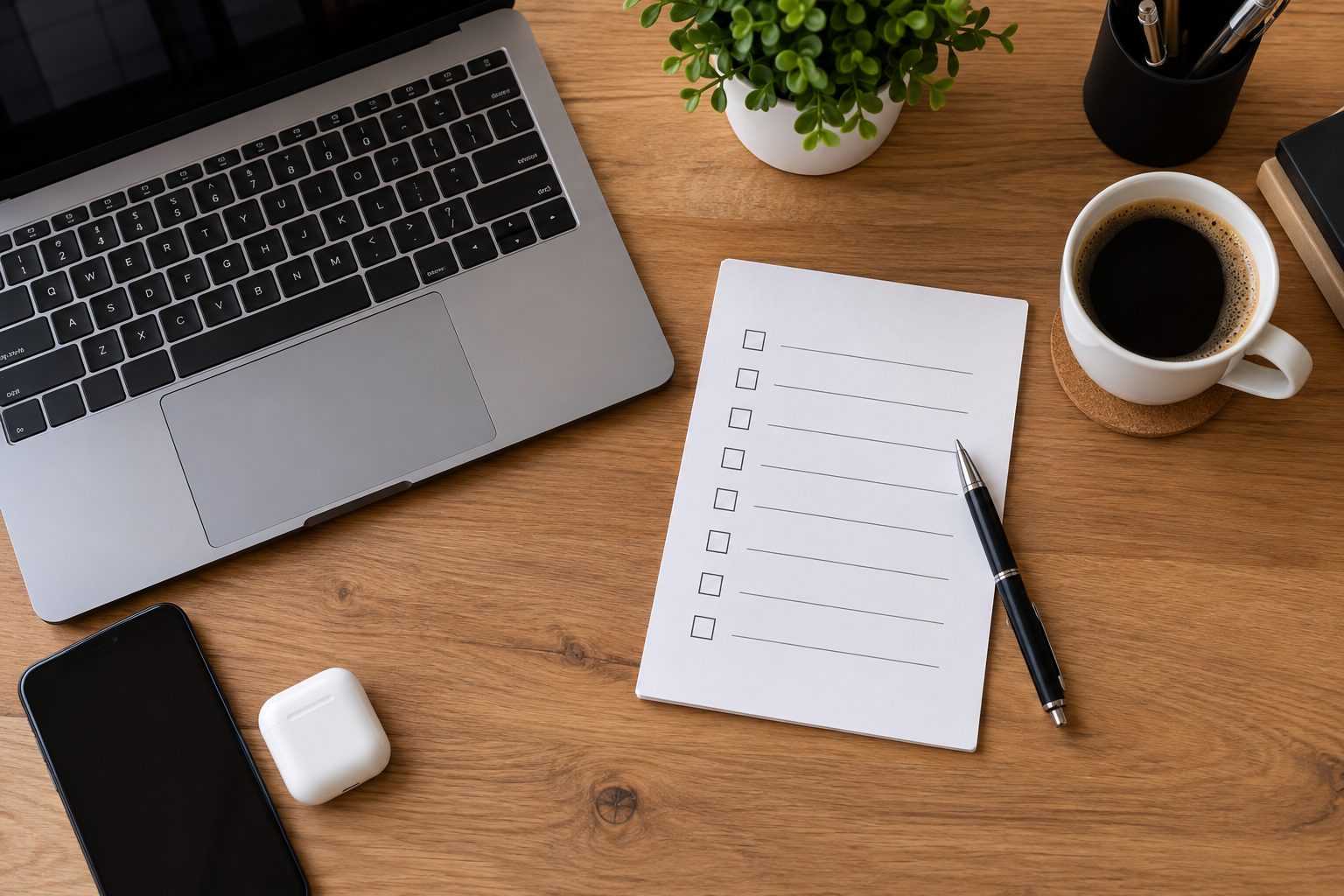 Beginner virtual assistant's daily task checklist beside a laptop and coffee